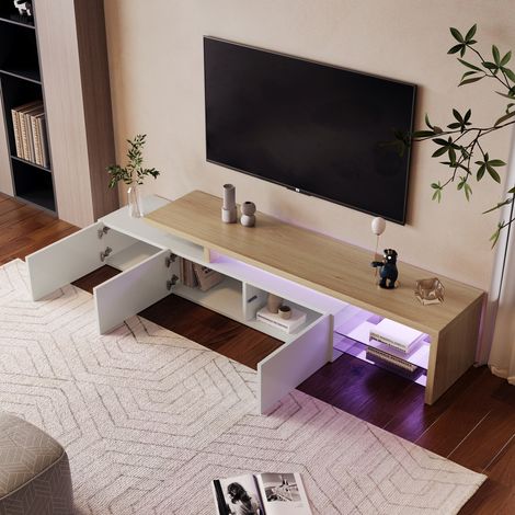Meuble TV Moderne 200cm,Banc TV avec  Éclairage LED Réglable et  3 Portes,2 Étagères en Verre, Espace de rangement, Design Moderne, aspect bois,pour TV jusqu'à 90 Pouces (200x39x42 cm)  - Blanc