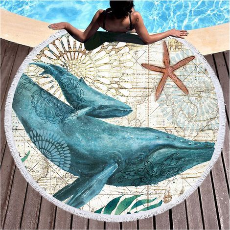 Couverture de plage d'extérieur, serviette, grand tapis rond imprimé vie marine avec pompons4 (1/5)