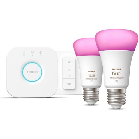 Philips Hue Kit de inicio 2 bombillas inteligentes E27 (1100lm) + regulador de intensidad y color Philips Hue (1/5)