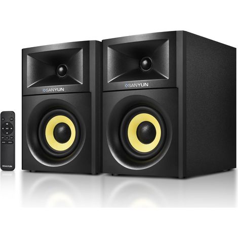 Enceintes Bibliothèque 2.0 4”, Scène Sonore Élargie, Dual-DSP DAC 24 bits Intégré, Bluetooth 5.4/Optique/AUX, Woofer Fibre de Verre 80W 10cm, Tweeter Soie, Télécommande RF (Paire, Noir) (1/5)