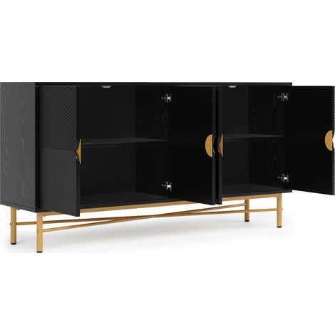 Buffet à texture en relief 160 cm, meuble à quatre portes avec poignées dorées brossées et pieds laqués brillants, noir, 160×40×82 cm (1/5)