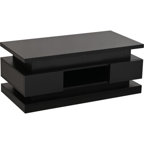 Table basse noire relevable 100x50x40 cm avec LED et 2 tiroirs, rangement caché, panneau de particules (1/5)