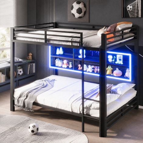 Etagenbett 140x200 cm schwarz aus Metall mit Stauraumschränken und LED-Beleuchtung (1/5)