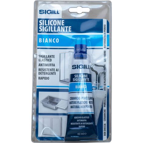 SIGILL, Silicone Sigillante con Chiavetta Stringi Tubetto e Beccuccio Dosatore, Resistente alle Muffe e ai Detergenti, Rapido, Elastico e Forte, Colore Bianco, Tubetto da 60 ml