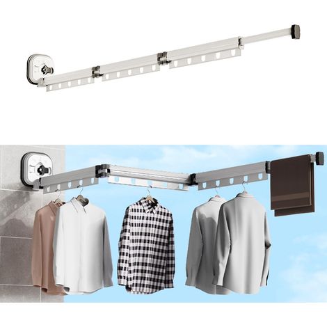 Sèche-linge, Porte-vêtements mural rétractable avec ventouse, Pliable et encastrable, Porte-vêtements avec crochets et porte-serviettes pour balcon, linge, salle de bain, chambre (Blanc laiteux 3 (1/5)