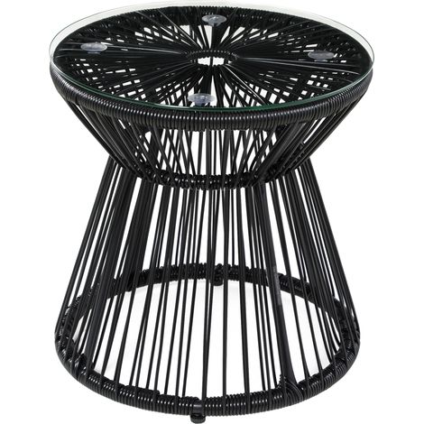Runder Gartentisch aus schwarzem Polyrattan mit Tischplatte aus gehärtetem Glas 40 x 40 x 42 cm (1/5)