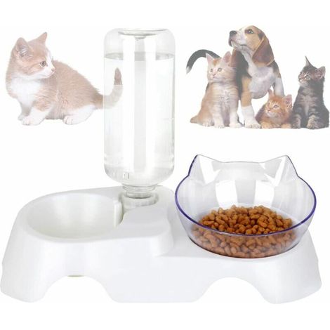 Bols pour chat 2 en 1, bol incliné surélevé avec distributeur automatique d'eau par gravité avec support bols en plastique pour animaux de compagnie (1/5)
