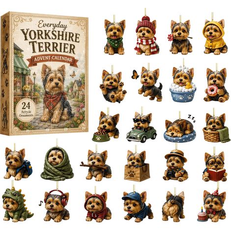 Yorkshire Terrier Adventskalender 2026 – 24 Teile – mehrfarbig – Acryl – Cartoon-Hundemotiv – Hängende Ornamente – Sammelbare Mini-Dekorationen – Geeignet für Weihnachtsbaum und Innendekoration (1/5)