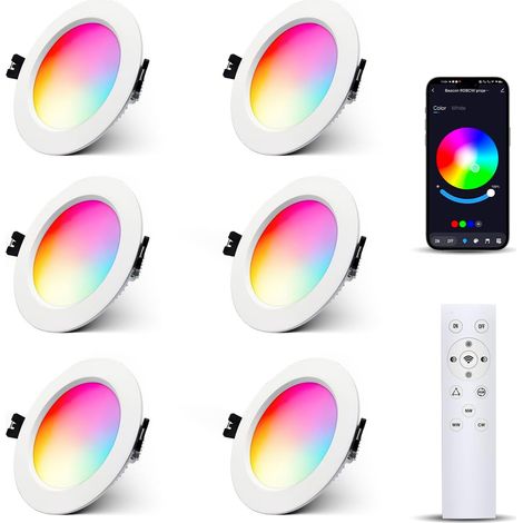 Lam(MS) pen 6x Spot encastré LED RGBW dimmable 10W, Bluetooth APP LED Spots Encastré RGB+blanc chaud+blanc froid Multicolore Downlight Smart Plafonnier 230V pour Couloir Salon Salle (1/5)