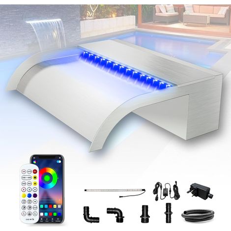 Kit Cascade de 30cm pour Bassin, Lame de Cascade Courbe en Acier Inoxydable avec LED 7 Couleurs et télécommande, Largeur 25,5cm (1/5)