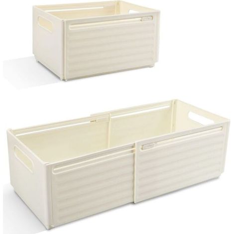 Lot de 2 Boite de Rangement Plastique Extensibles avec Poignée, Caisse Bac Eangement Pliable Cuisine, Chambre, Salle de Bain, Bureau (Blanc Cassé) (1/4)