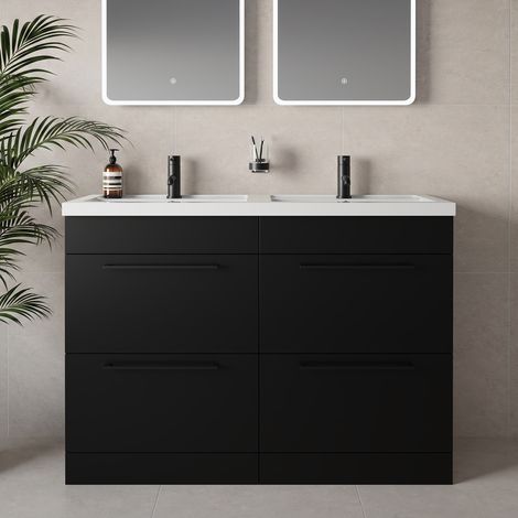Napoli 390 Matt Black 1200mm 4 Drawer Vanity Unit with Double Lucia Basins - 1200mm - Matt Black 320mm Handle