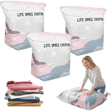 Lot de 3 sacs de rangement sous vide – sacs gain de place sans pompe – sacs épais et hermétiques en PA+PE pour couettes, couvertures, oreillers et vêtements – idéaux pour le rangement dans les placar (1/5)