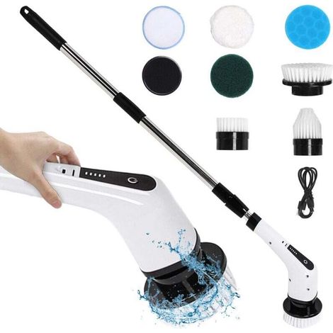 Brosse Électrique Nettoyage Rotative, Brosse De Nettoyage sans Fil 8 TÊTes de Brosse Remplaçables, Brosse ÉLectrique Douche Poignée Ajustable Salle de Bain, Carrelage et Voiture - Blanc (1/4)