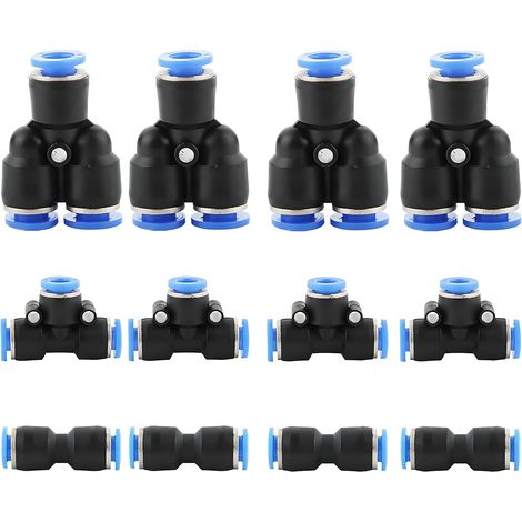 12 pcs Pneumatique Raccords de Tuyau Raccord, fixations pneumatique Push dans, Tuyau d'air pneumatique Raccord, 1/4 inch (6mm : Y+T+I Type Combo)