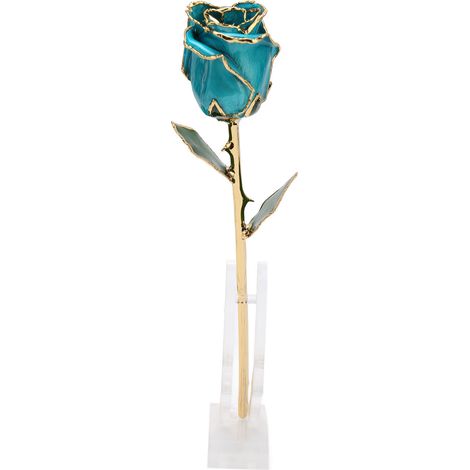 Roses plaquées or 24 carats, roses plaquées or finement décorées, avec socle, idéales pour la Saint-Valentin, Noël, la fête des mères, bleu ciel. (1/5)