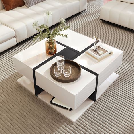 tavolo soggiorno 78x78cm 4 cassetti design bianco lucido OKMYHOME (1/5)