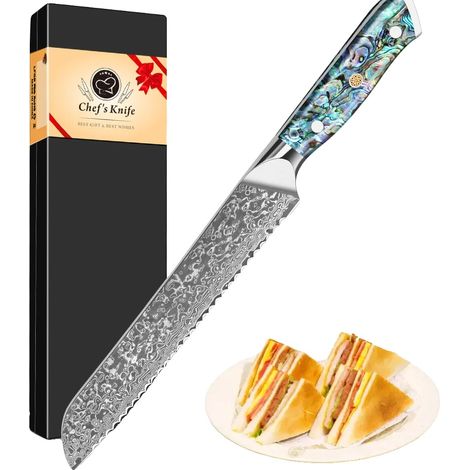Cuchillo de pan, acero de Damasco, hoja dentada, cuchillo de pan (1/2)