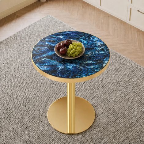 Table d'appoint ronde moderne, plateau aspect marbre avec bord doré, cadre en métal stable noir/or/argent, table basse pour salon (1/5)