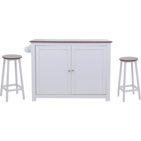 [NON UTILIZZATO] Isola cucina HHG-683 con 2 sgabelli, credenza con sportelli con ripiani MDF 90x120x45 cm, bianco, legno scuro