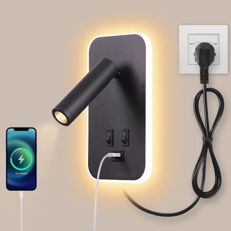 Applique murale LED, liseuse de chevet avec interrupteur, port de charge USB, éclairage d'ambiance de chambre à coucher Spot réglable (3W 3000K + 9W 6000K), avec prise et câble, Noir (1/5)