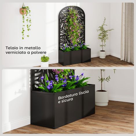 Jardinière métallique noire 61x23x113 cm avec treillis cintré pour plantes grimpantes, trous d'évacuation inclus (1/5)