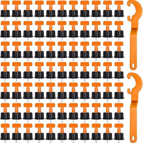 Système de nivellement de carrelage en 100 pièces, réutilisable, pour carrelage, faïence et panneaux de bois, avec 2 clés spéciales. (1/4)