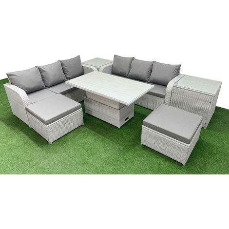 Fimous Outdoor Garden Furniture Sets 8 Seater Wicker Rattan Furniture Sofa Sets with Adjustable Lifting Dining or Coffee Table high Back Lounge Sofa 2 Big Footstool 2 Side Table Light Grey (1/5)