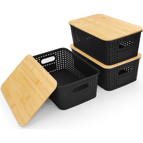 Boîtes de Rangement avec Couvercle 5L 3Pcs 23x15,7x10,5cm Noir Boite Plastique Couvercle en Bambou Bac de Rangement Tressé Paniers et Boîtes Rangement Empilables Pour Cuisine Salle de Bain (1/4)