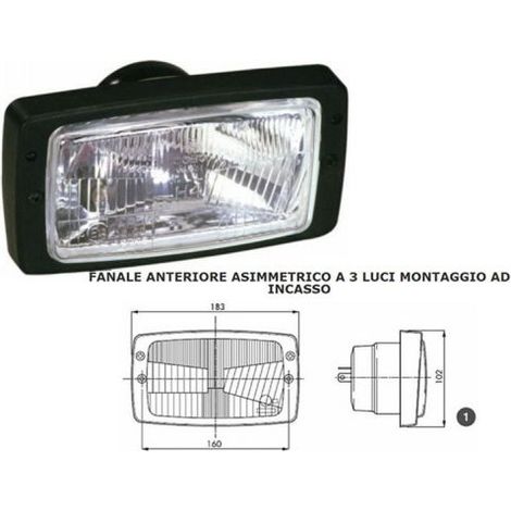 Proiettore anteriore 184x102mm con cornice e 3 funzioni luce