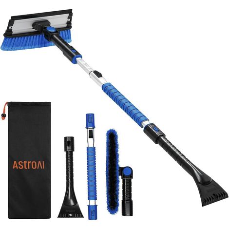 Eiskratzer mit Besen 119cm ausziehbar, Schneebesen mit Abzieher, Teleskopstiel, blau (1/5)
