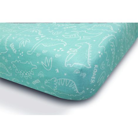 Lenzuolo con angoli in mussola, 60x120x10 cm, turchese con dinosauri. (1/2)