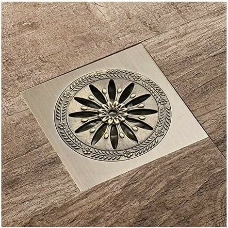 Desagüe de ducha de latón antiguo, rejilla cuadrada antiolor para baño, gran calibre 10 x 10 cm, accesorios de baño (1/4)