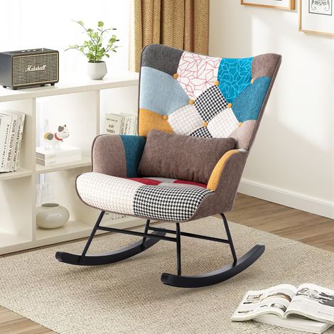 Fauteuil à bascule avec accoudoirs en tissu lin – Chaise berçante d’allaitement avec structure métallique (1/5)