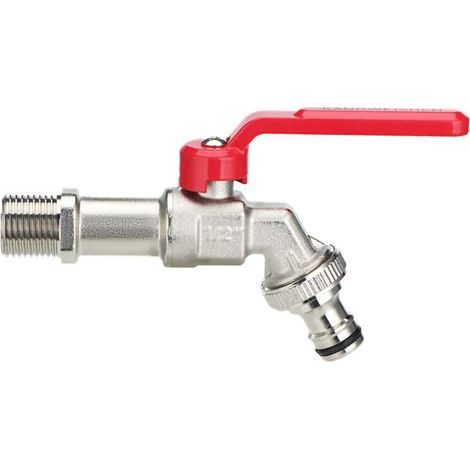 Válvula de bola - Mango plano - Conexión macho de 1/2" - Conexión de 3/4", color rojo, para lavadora de exterior, resistente a las heladas. (1/4)