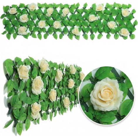 Panneaux de treillis extensibles pour clôture de jardin avec fleur - Brise-vue extensible - Brise-vue en faux lierre - Pour balcon - 200 x 30 cm (champagne) (1/5)