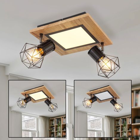 Deckenlampe Wohnzimmerleuchte LED-Platine Metallgitterschirme Spots beweglich Holzoptik, 2 x E27, 12W 1100lm warmweiß, LxBxH 30x30x22,5 cm (1/5)