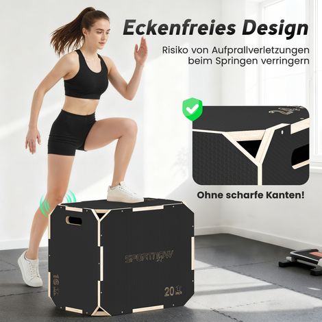 Universelle 3-in-1 Plyo-Box mit Grifflöchern für das Training zu Hause und im Freien, 3 Sprunghöhen, Holz, Schwarz