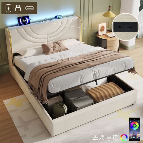 4ft6 Double Upholstered Bed Frame with Hydraulic Storage, LED Headboard with Charging Station and Chrome Trim, USB and Type-C Ports, Linen, No Box Spring Needed, Beige (No Mattress)