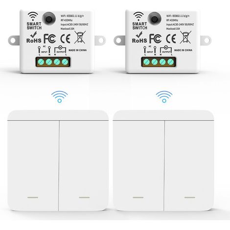 2 interrupteurs muraux sans fil RF433, 2 récepteurs 10 A 240 V, installation sans câblage, compatible jusqu'à 5 commandes (1/4)