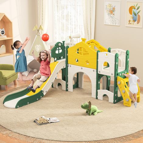 Toboggan pour Enfants 7 en 1 avec Panier de Basket, Ensemble de Toboggans pour enfants avec échelle d'escalade, Télescopes, Passage, Aire de jeux intérieure et extérieure,Jaune Vert