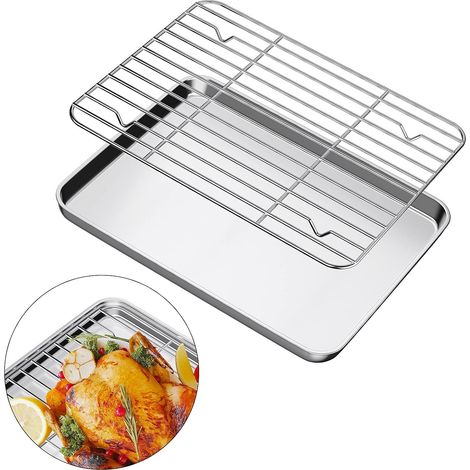 Plaque de cuisson avec grille, plaque de cuisson rectangulaire en acier inoxydable, plaque de cuisson perforée 30 x 25 x 2,5 cm, facile à nettoyer, passe au lave-vaisselle, peut être utilisée au four  (1/2)