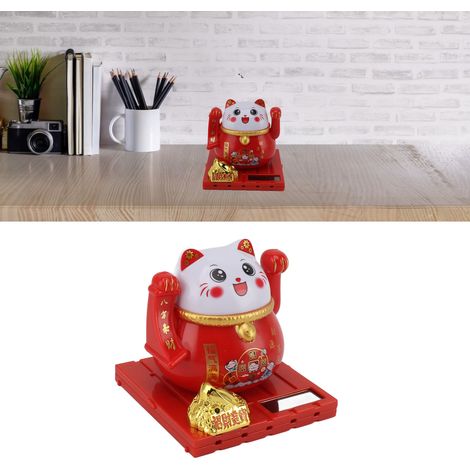 Chat de Fortune à Energie Solaire Chat à Bras Mouvant Lucky Cat Ornement de Bureau Rouge X en Plastique pour Maison et Bureau (1/5)