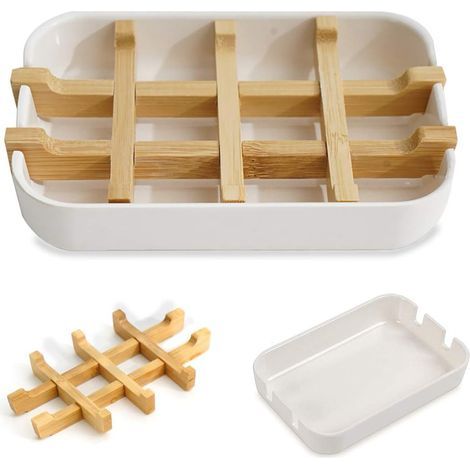Natural Bamboo Wood Soap Dish Holder Soap Saver Box for Shower, (White) (1/5)