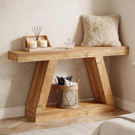 Table console en MDF naturel 140 cm, style rustique avec rangement (1/5)
