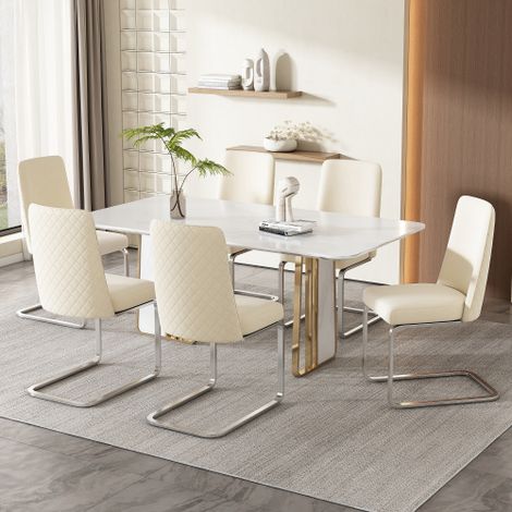Chaises de salle à manger en velours (Lot de 2) — Fauteuils d'appoint luxueux pour salon ou chambre, dotés de dossiers capitonnés en losanges et de pieds en métal argenté — Beige