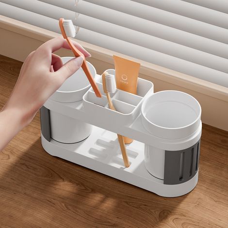 Soporte para cepillos de dientes con dos vasos para enjuague bucal, almacenamiento de cepillos de dientes, soporte para cepillos de dientes eléctricos, organizador de baño (1/4)