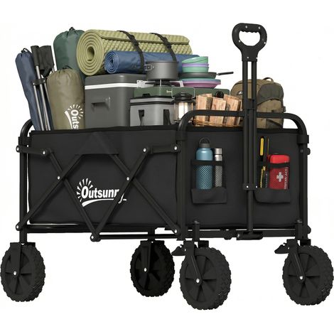 Klappbarer Gartenwagen mit verstellbarem Griff und Flaschenhalter, Schwarz