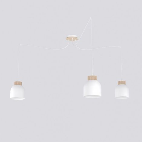 Lampada a sospensione KRU a tre luci in metallo bianco e legno (1/5)