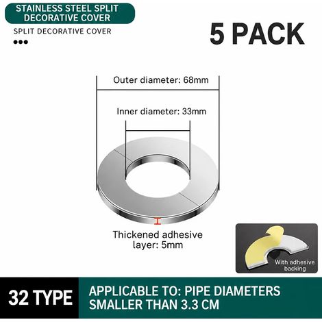 (5 pièces, type 32) Cache-trou de tuyau en acier inoxydable, plaque de dissimulation décorative pour robinet, climatiseur, tuyau d'eau à gaz. (1/5)